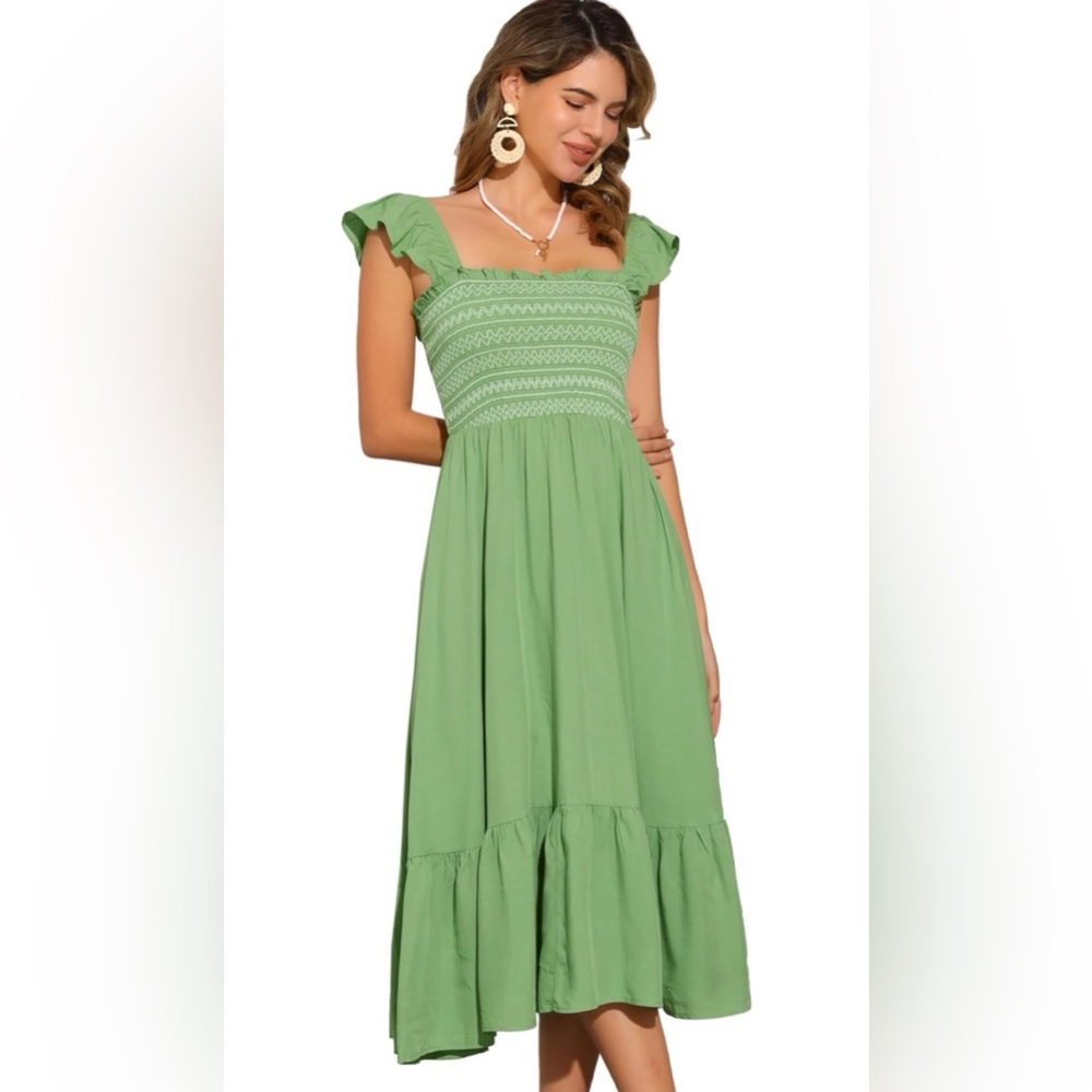 Allegra K Boho Midi Dress for Women's Square Neck Ruffle Tiered Flowy